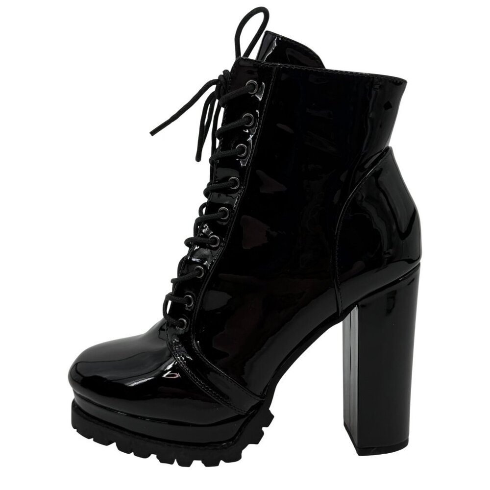 Black Faux Patent Leather Lug Sole Platform Heel Boots 10 | Baddie Dark Romance - Picture 4 of 16